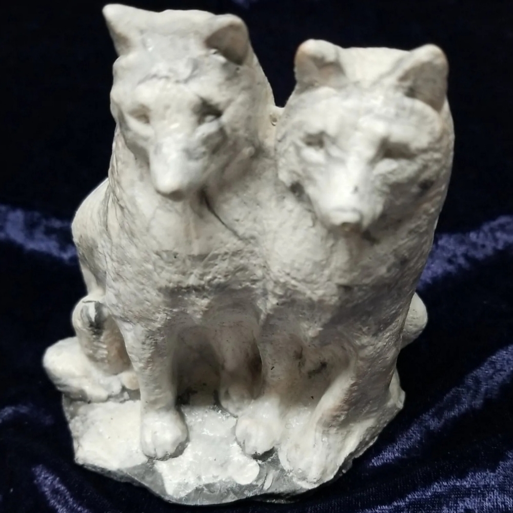 Two White Marbled Dogs Resin Figurine Signed Heavy Paperweight?